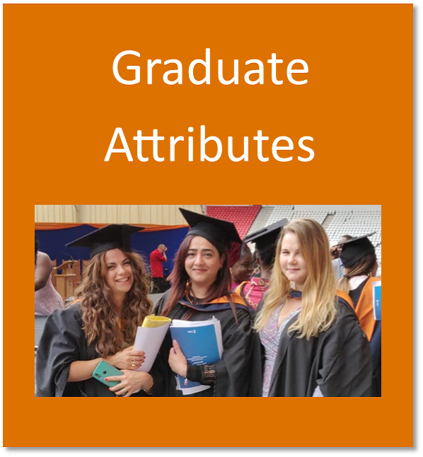 Graduate attributes button containing happy students on graduation day